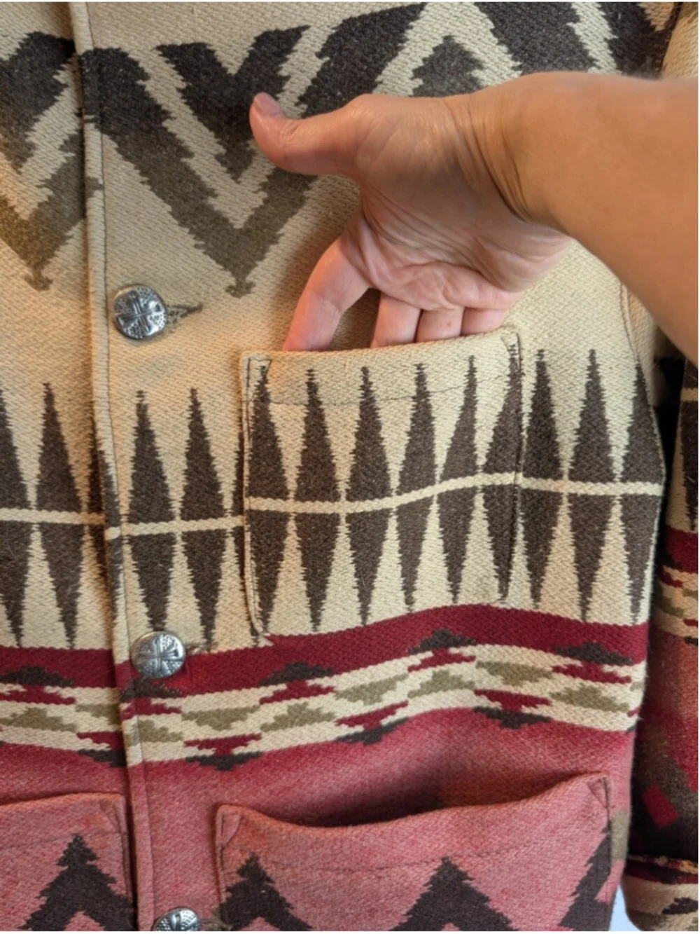 Vintage Roots Canada Navajo Blanket Chore Jacket Leather Collar Aztec Wool Blend